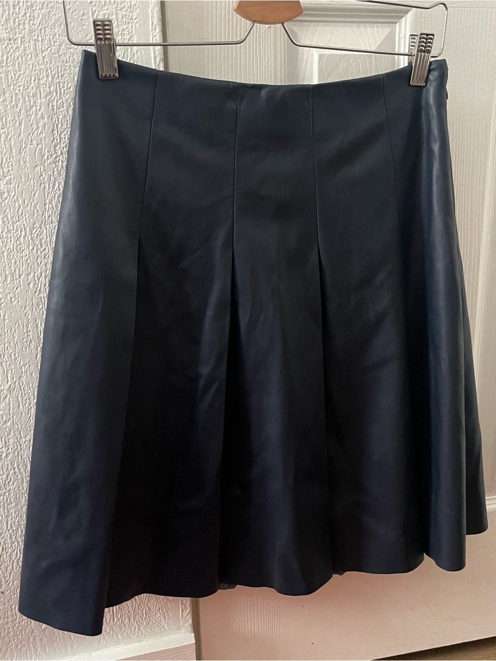 Navy Faux Leather Pleated Skirt